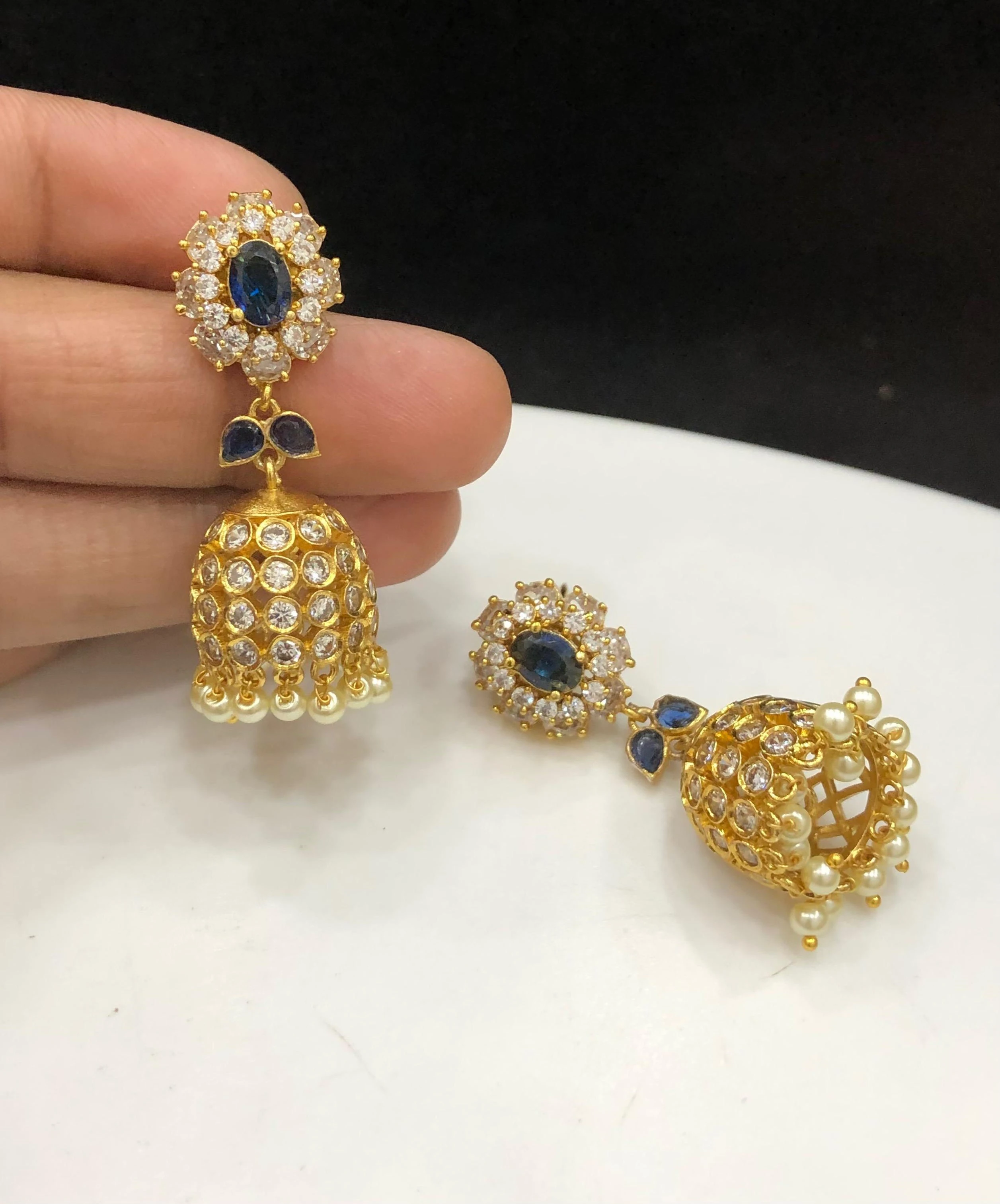 Antique AD Stone Jhumkas - Blue